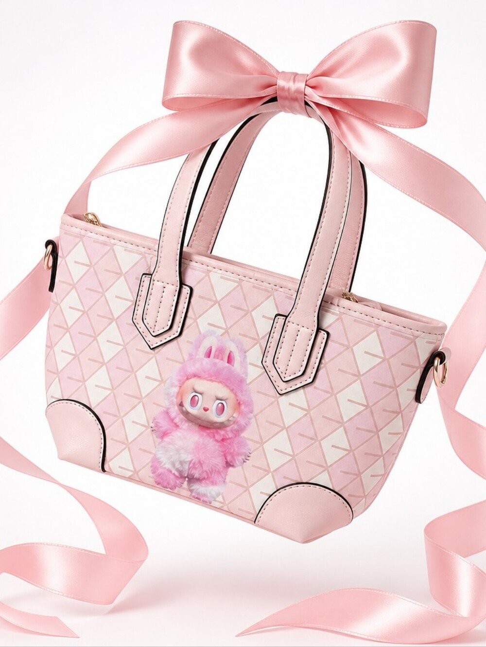 Pink Quilted Pattern Tote with Plush Monster Graphic